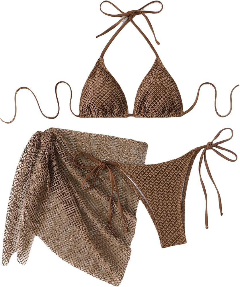 SEGT Women's 3 Piece Solid Swimwear Sexy Triangle Bikini Sets with Cover Up Halter String Tie Sid... | Amazon (US)