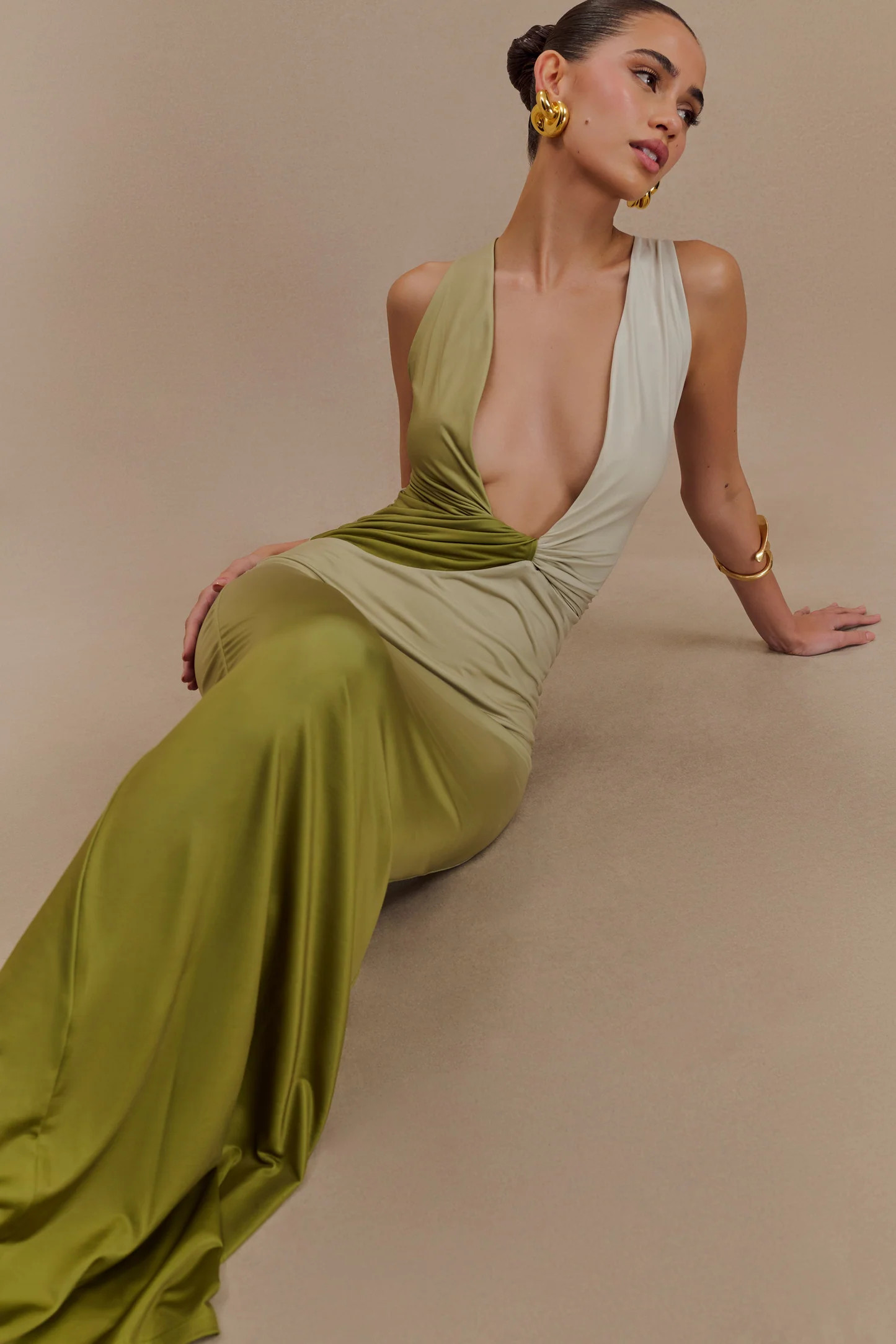 Draped Slinky Maxi Dress - Ombre Vintage Olive | MESHKI US