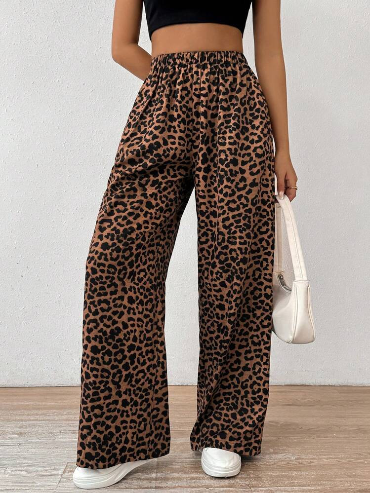 SHEIN EZwear Women Elastic Waist Wide-Leg Leopard Print Loose Pants | SHEIN