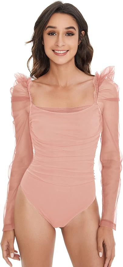 Floerns Women's Puff Sleeve Square Neck Mesh Surplice Ruched Bodysuit Tops Jumpsuits | Amazon (US)