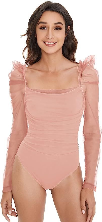 Floerns Women's Puff Sleeve Square Neck Mesh Surplice Ruched Bodysuit Tops Jumpsuits | Amazon (US)