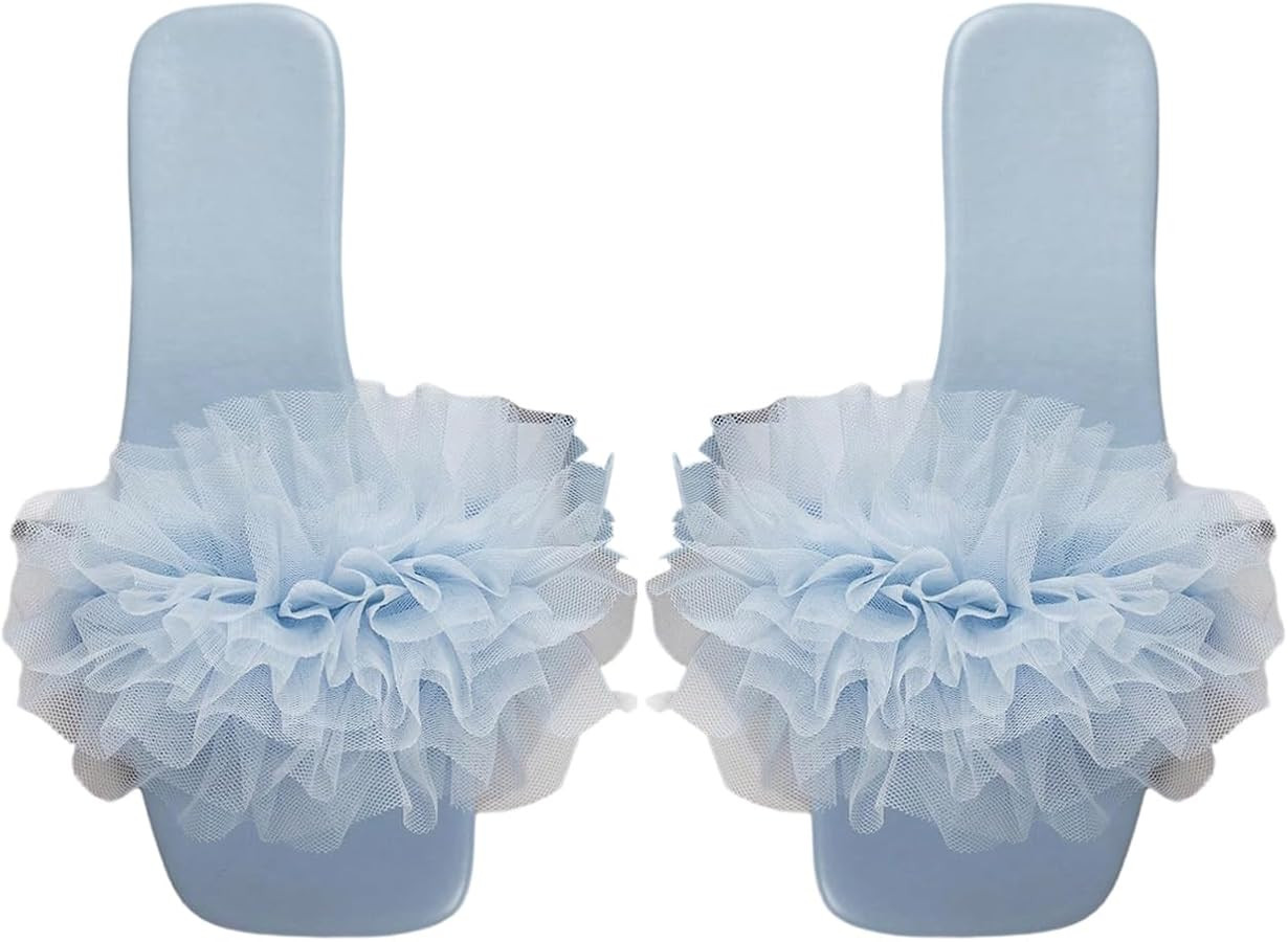 OYOANGLE Women's Square Open Toe Slide Sandals Sheer Ruffle Dressy Slip on Flat Sandal | Amazon (US)
