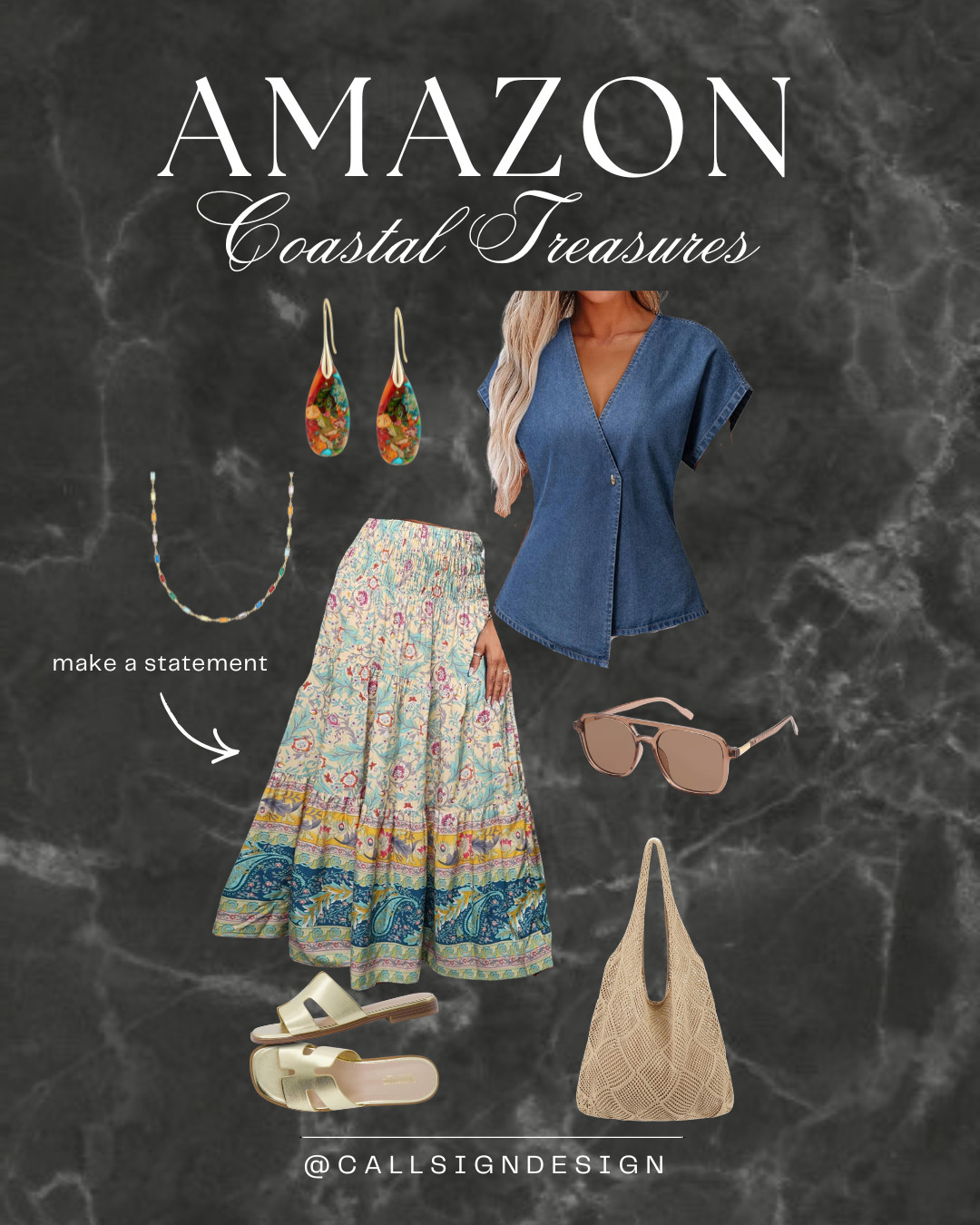 Get ready for a beach day! This flowy maxi skirts adds a pop of color paired with a denim top, chic sunglasses, and colorful gold jewelry. 

 #LTKdayinmylife #LTKgrwm #LTKootd