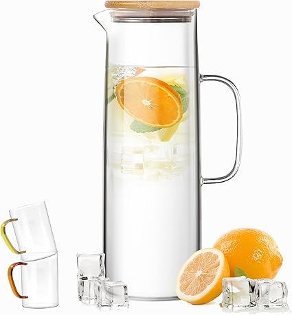 ZRRHOO Glass Pitcher with Bamboo Lid and Spout, 52oz/1500ml Clear Water Pitcher with 2 Cups, Hand... | Amazon (US)
