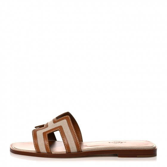 HERMES Calfskin Canvas Oran Sandals 38 Noisette Beige Dore | Fashionphile