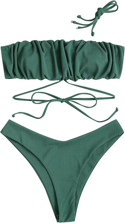ZAFUL Women Strapless Bikini Set Lace Up Ribbed High Cut Bandeau 2 Piece Swimsuit | Amazon (US)