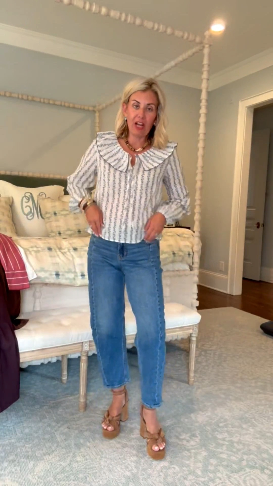 This top is totally giving Hill House vibes! 
Top - xs
Jeans - 2
Heels -  8 tts 

*code mixandmatch for 25% off Erin McDermott

#LTKdayinmylife #LTKPetite #LTKOver40