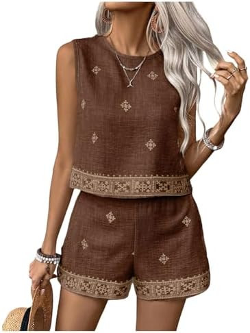 SweatyRocks Women's 2 Piece Vacation Outfits Sleeveless Tank Top and Matching Shorts Sets | Amazon (US)