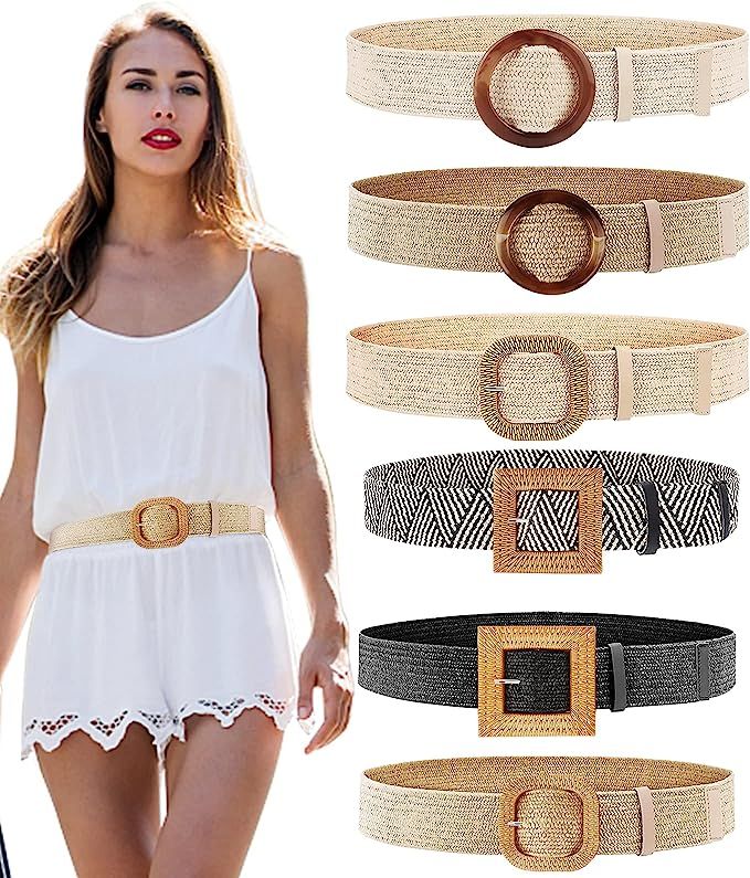 6 Pieces Women Straw Elastic Waist Belt , Fashion Bohemian Skinny Dress Boho Belt with Wooden Sty... | Amazon (US)