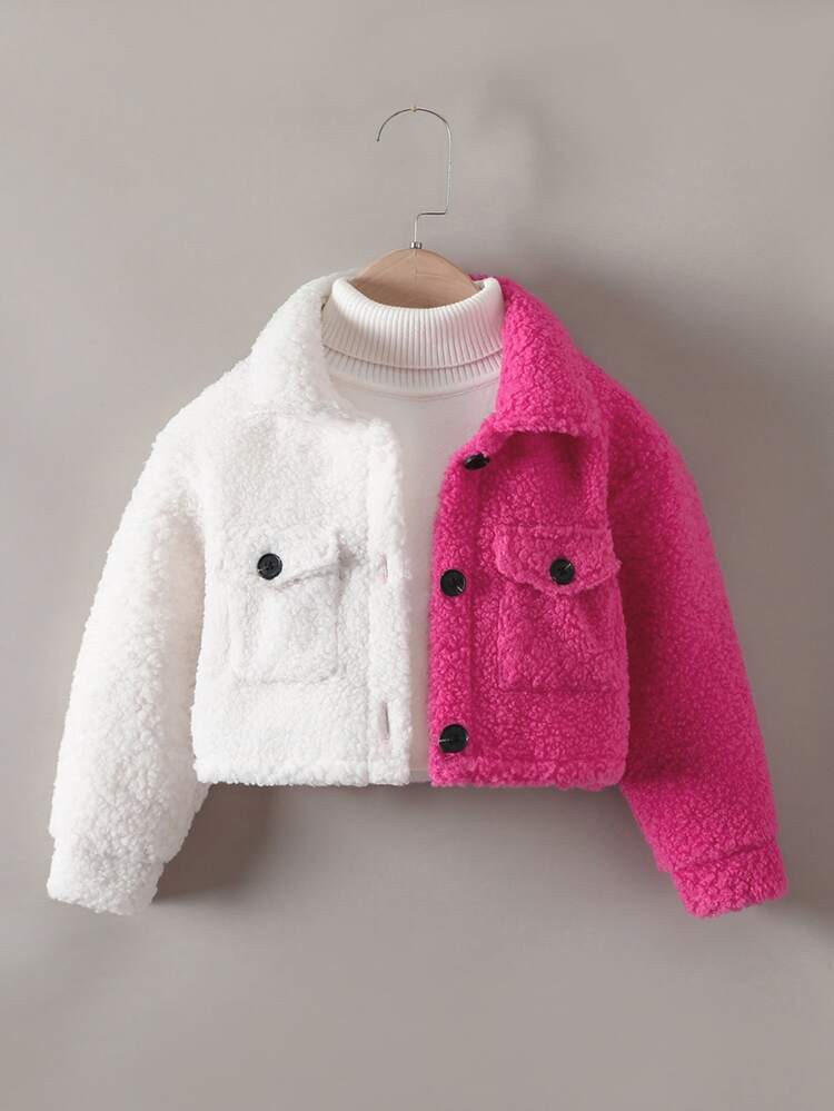 Toddler Girls Two Tone Flap Pocket Teddy Jacket | SHEIN