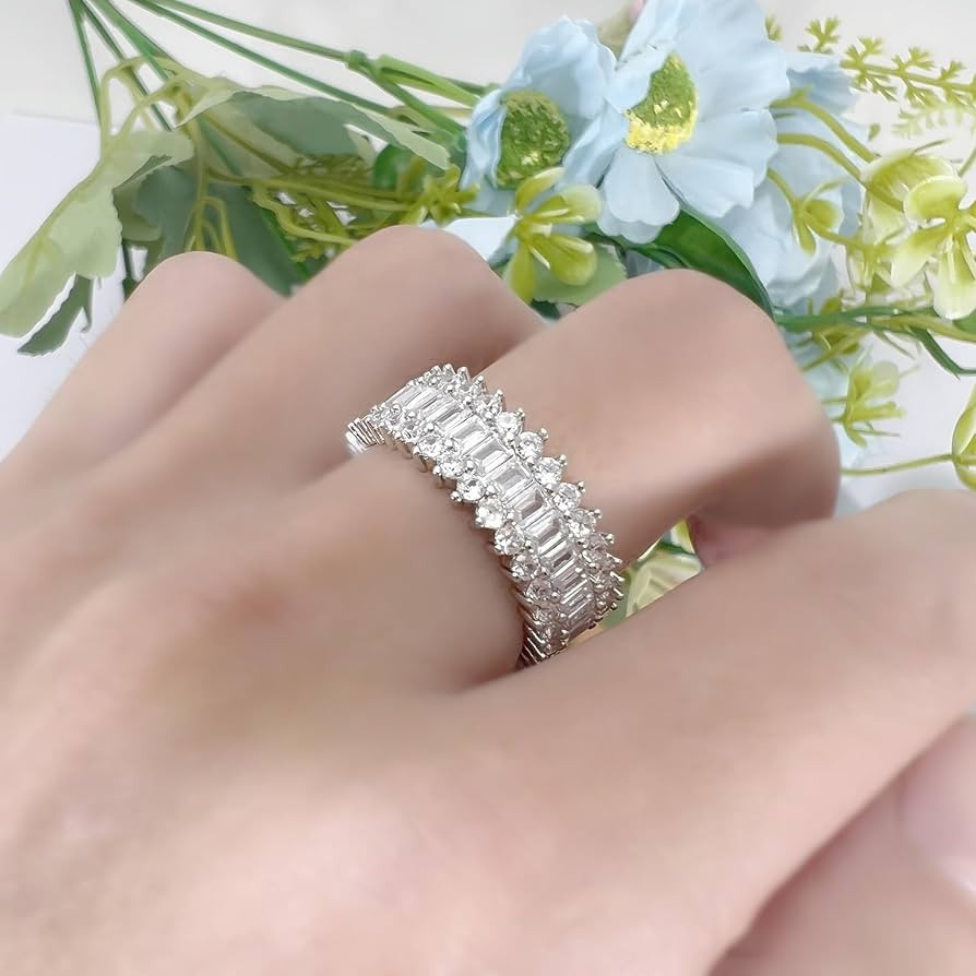 Shiny 3 Row Emerald and Round Cut Eternity Band Full CZ Ring,Fashion Baguette Simulated Diamond P... | Amazon (US)