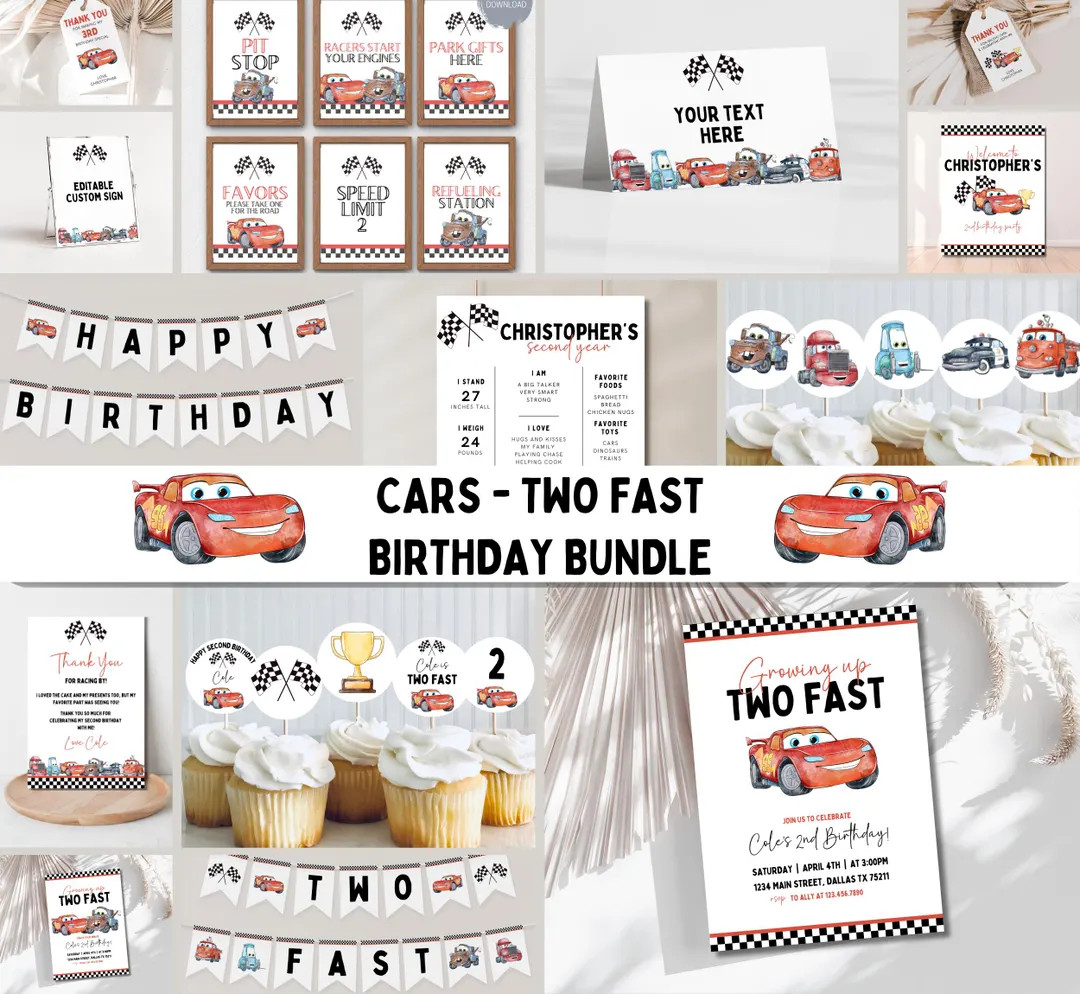 Cars Birthday Party Invitation Bundle, Lightning Mcqueen Birthday, Cars Party Invite, Second Birt... | Etsy (US)