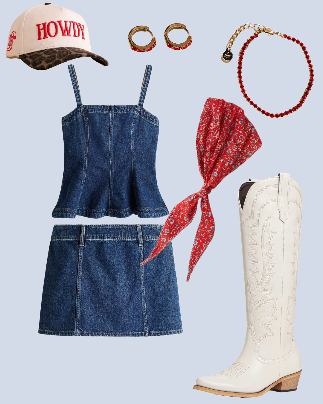 Country concert ready 🤠🎶 Rockin’ a denim set that screams southern charm, cream cowgirl boots made for dancin’, and the perfect pop of red with bold accessories — bandana, earrings, bracelet, and my favorite trucker hat! ❤️✨ This western-inspired outfit is giving rodeo glam meets down-home sass — perfect for summer country concerts, fairs, or Nashville nights!

#LTKConcertLook #CountryConcertOutfit #DenimSet #WesternStyle #CowgirlBoots #TruckerHatStyle #RodeoReady #CountryStyle #SummerConcertOutfit #FestivalFashion #CountryGirlStyle #LTKfashion #OutfitInspo #CountryConcertVibes #NashvilleStyle 

 #LTKSeasonal #LTKPetite #LTKFindsUnder50