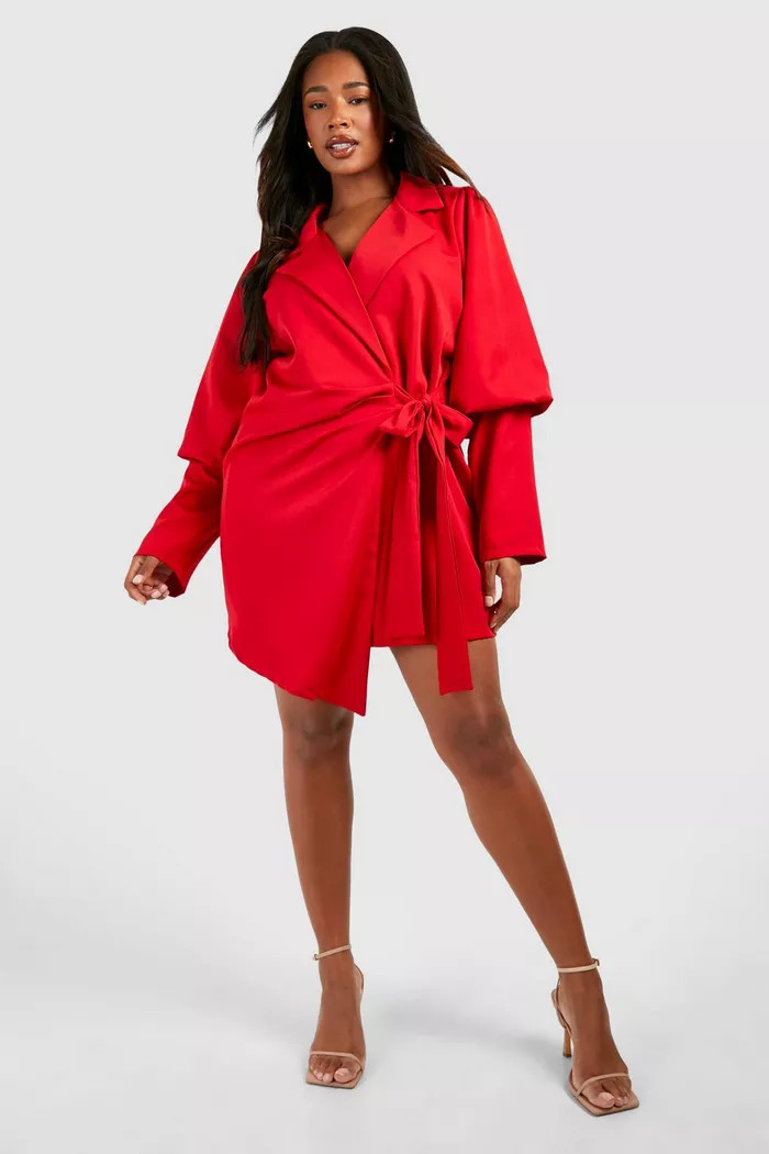 Plus Puff Sleeve Tie Waist Blazer Dress | boohoo (US & Canada)