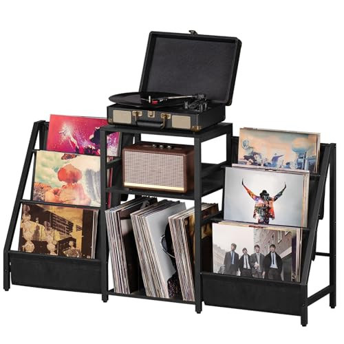 LELELINKY Black End Table,Record Player Stand with Vinyl Storage,3 Tier Side Table with Display Shelf Storage Up to 180 Albums, Large Record Holder for for Media Stereo Speaker, Amplifiers, Magazines | Amazon (US)