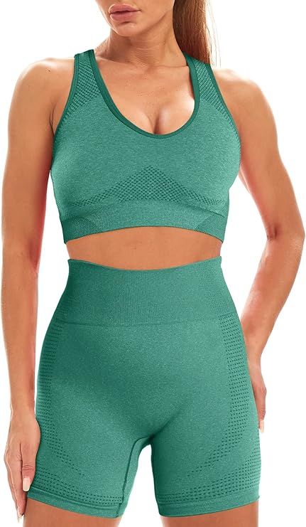 WodoWei Workout Sets for Women 2 Piece Seamless High Waist Gym Shorts+Sports Bra Yoga Outfits | Amazon (US)