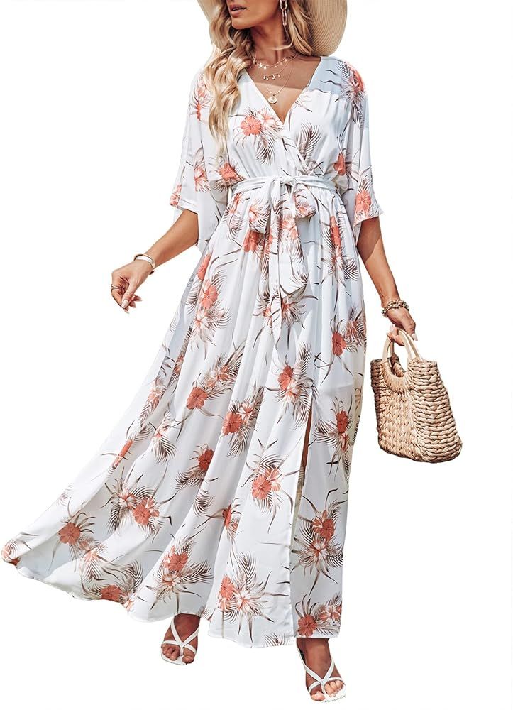 ANRABESS Women’s Summer Loose Kimono Maxi Dress Wrap V Neck 3/4 Sleeve Floral Print Slit Long Dresse | Amazon (US)