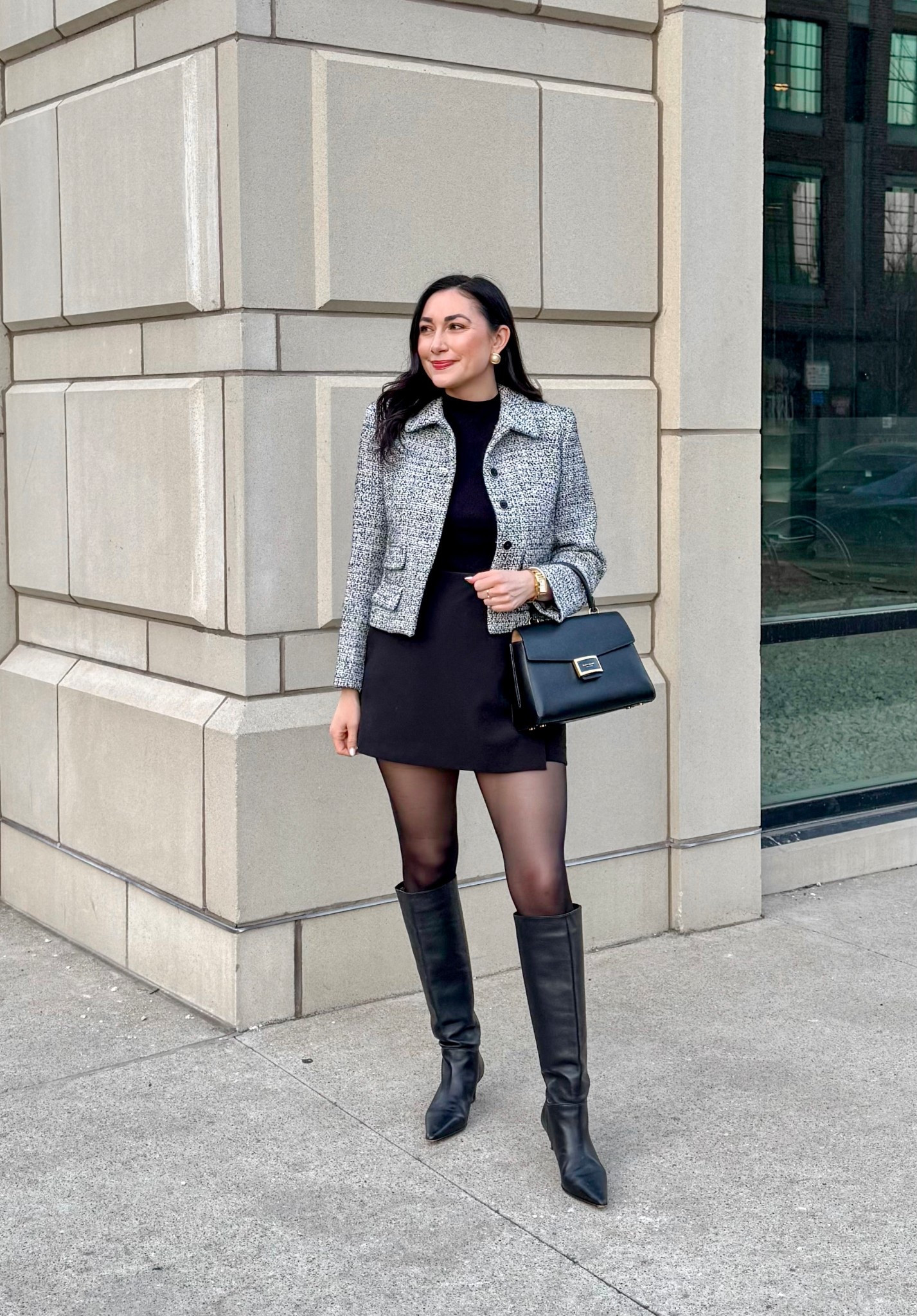 Classic transitional spring outfit 🖤🤍

Tweed jacket 
Black sweater shell 
Black skort 
Black tights 
Black knee high boots 

#LTKootd #LTKSeasonal