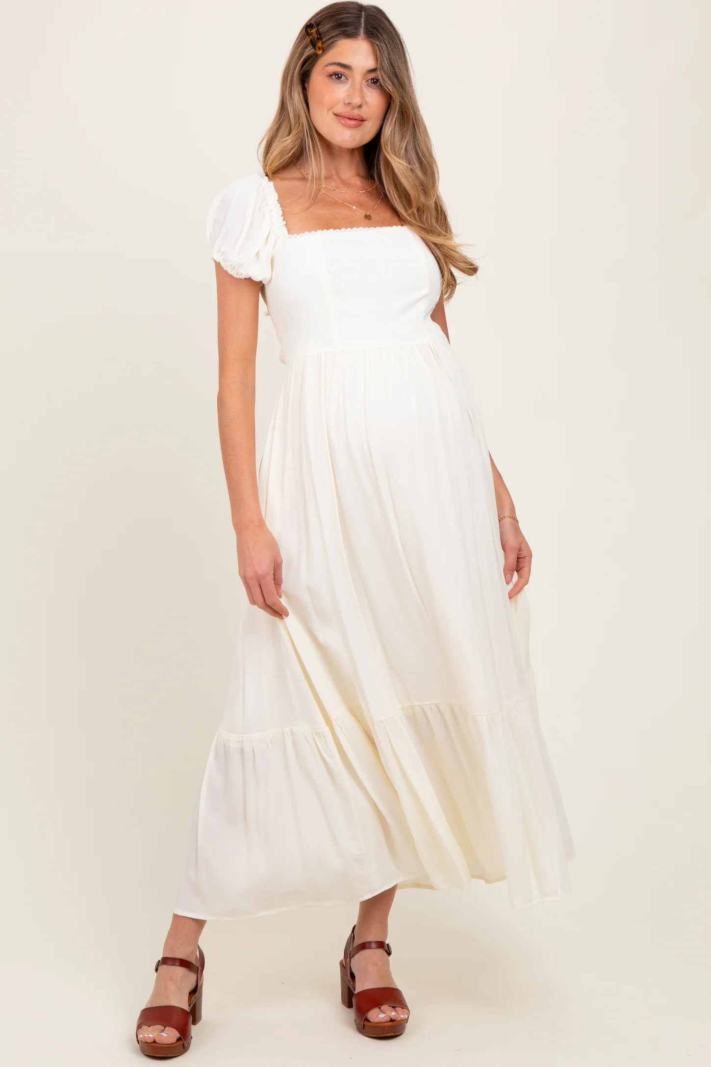 Ivory Ruffle Detail Square Neck Maternity Maxi Dress | PinkBlush Maternity