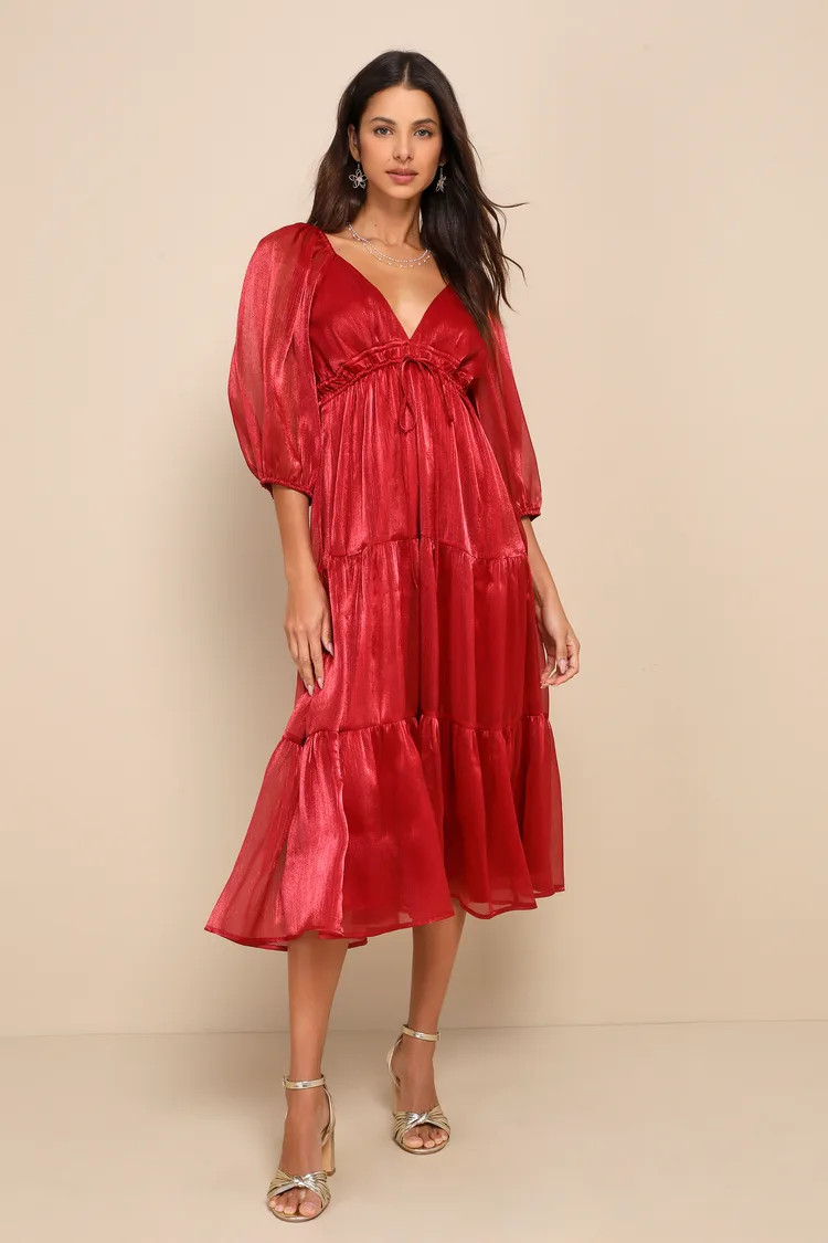 Romantic Appearance Wine Red Organza Tiered Midi Dress | Lulus
