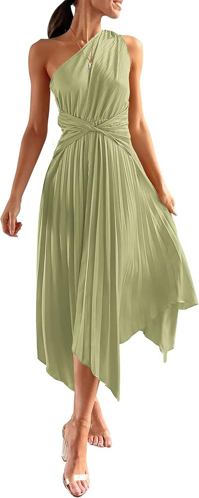 PRETTYGARDEN Women's Summer Long Satin Dress One Shoulder Sleeveless Ruched Twist Flowy Maxi Dres... | Amazon (US)