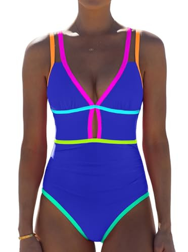 popvil Women One Piece Swimsuit 2026 Tummy Control Sexy Cutout Neon Color Block Bathing Suit Slimming Adjustable Swimwear, Navy Blue, X-Large | Amazon (US)