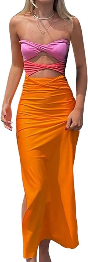Meladyan Women Sexy Cutout Patchwork Bodycon Midi Dress Y2K Strapless Slit Backless Sleeveless Ni... | Amazon (US)