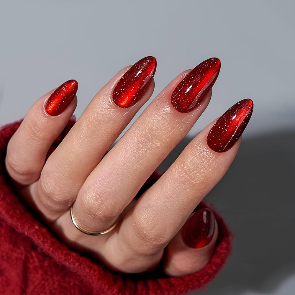 BTArtbox Press On Nails Almond - Deep Red Sparkly Press On Nails with Glue for Women, Glossy Soft... | Amazon (US)