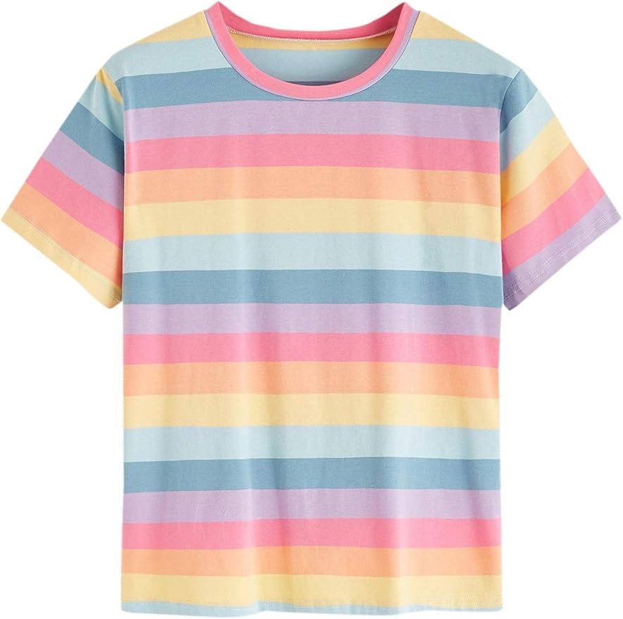 SweatyRocks Women's Casual Loose Short Sleeve Round Neck Striped Tee Shirt Top | Amazon (US)