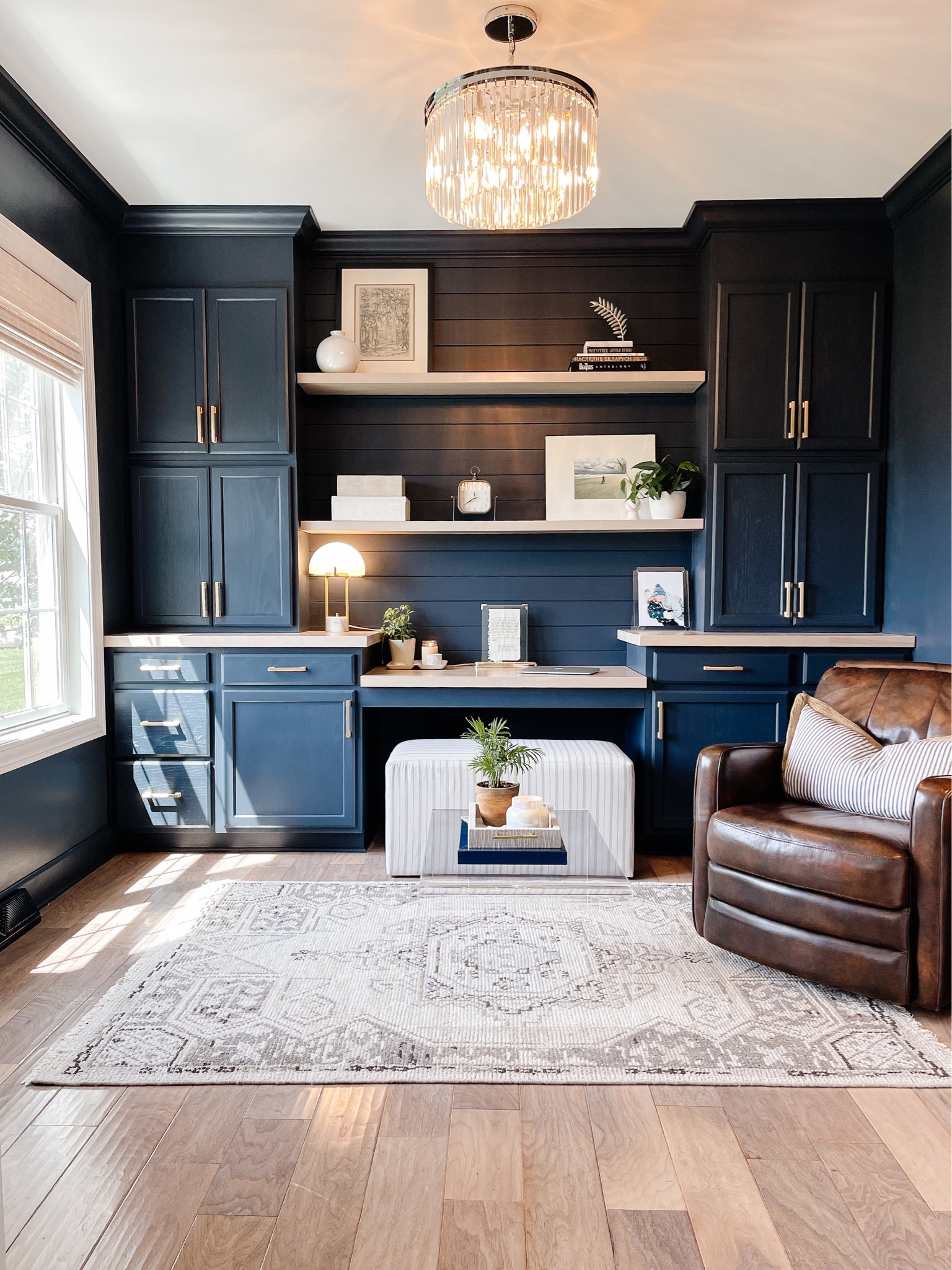 Home office 
Built in desk, built in storage cabinets,  butcher block countertop floating shelves, moody office inspiration, 
Paint color: Valspar Chimney Smoke 

#LTKfamily #LTKstyletip #LTKhome