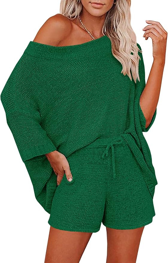 Ermonn Womens 2 Piece Outfits Sweater Sets Off Shoulder Knit Tops Waist Short Suits Casual Pajama... | Amazon (US)