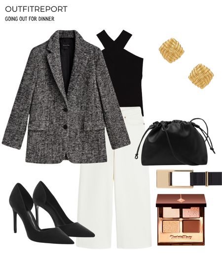 White denim jeans grey blazer black top black heels pumps and handbag 

#LTKshoecrush #LTKitbag #LTKstyletip