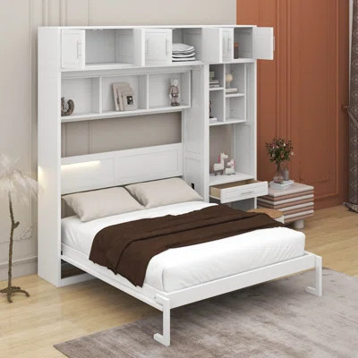Queen Size Wall Murphy Bed With Desk, Top Cabinet And Storage Shelves, Space Saving Foldable Bed | Wayfair North America