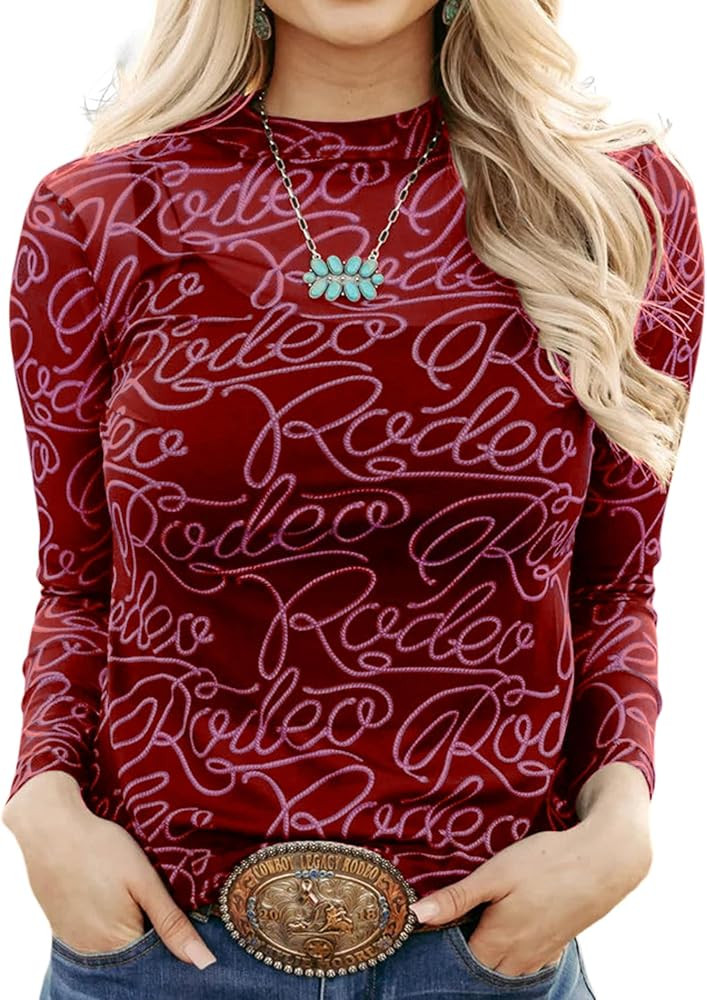 Urchics Womens Mock Neck Mesh Tops Western T Shirts Long Sleeve Layering Tops See Through Trendy ... | Amazon (US)