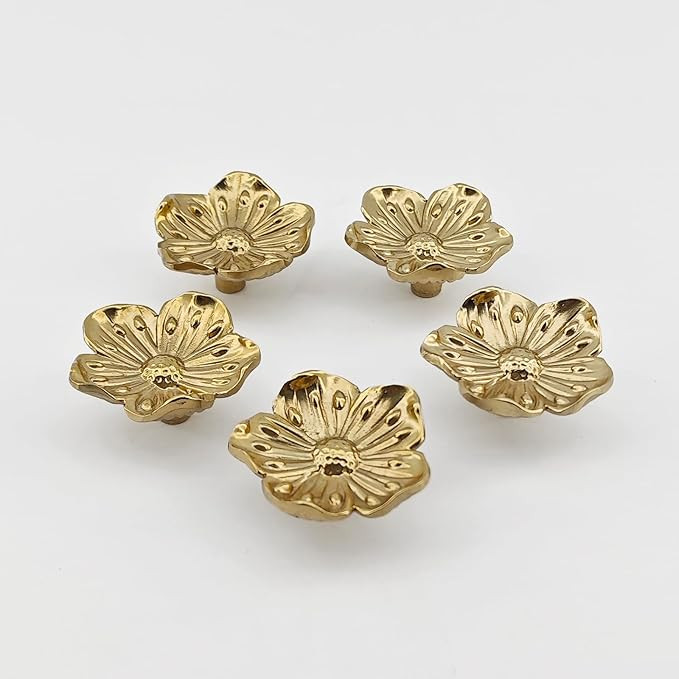5 Pack Solid Brass Flower Drawer Knobs, 40mm/ 1.6" Kitchen Gold Cabinet Pulls, Bathroom Petal Han... | Amazon (US)