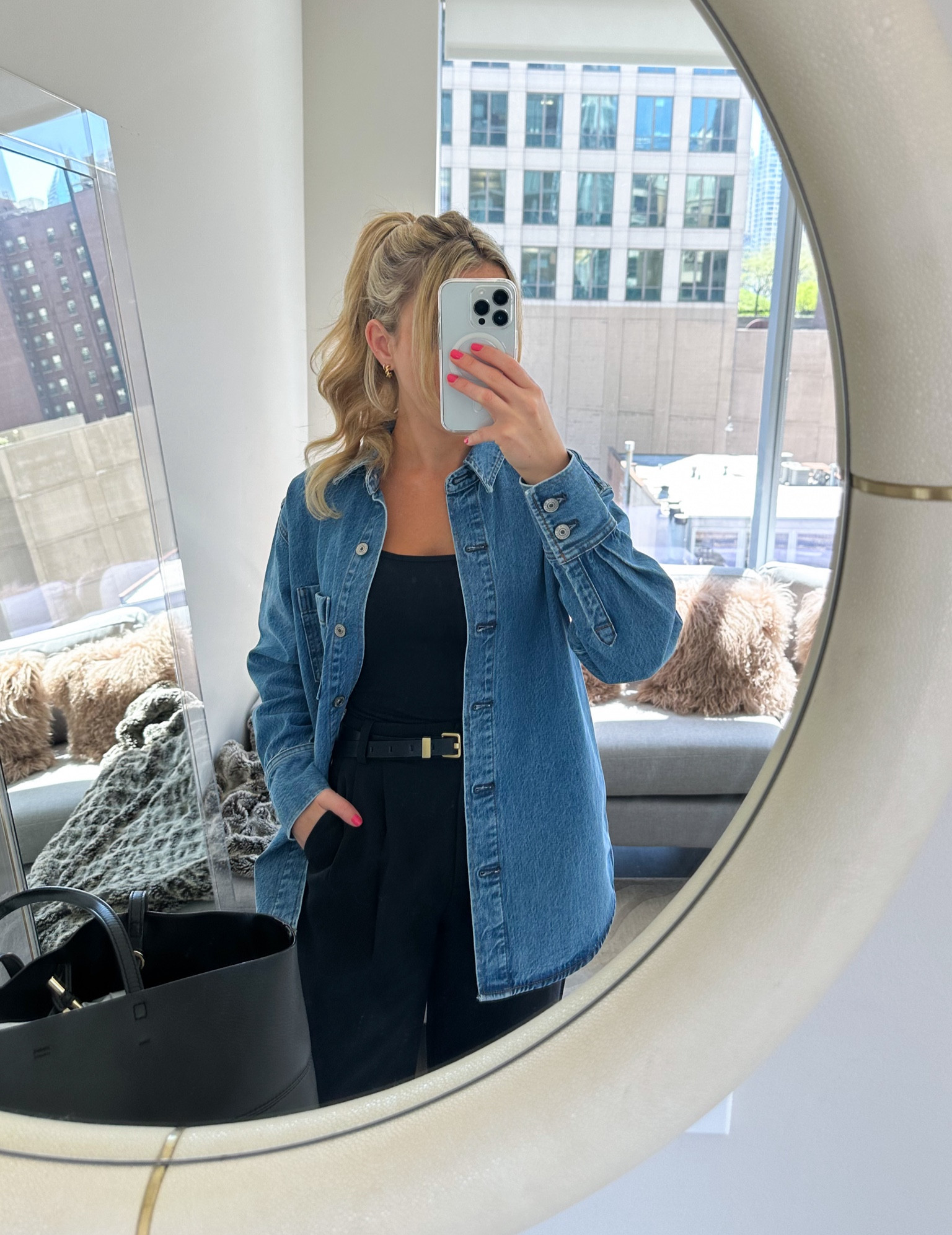 Comfy casual workwear outfit- Abercrombie Sloane Pants trousers 

black bodysuit, denim button down, Abercrombie Sloane pants, petite pants, 

#LTKworkwear #LTKtravel #LTKfindsunder100