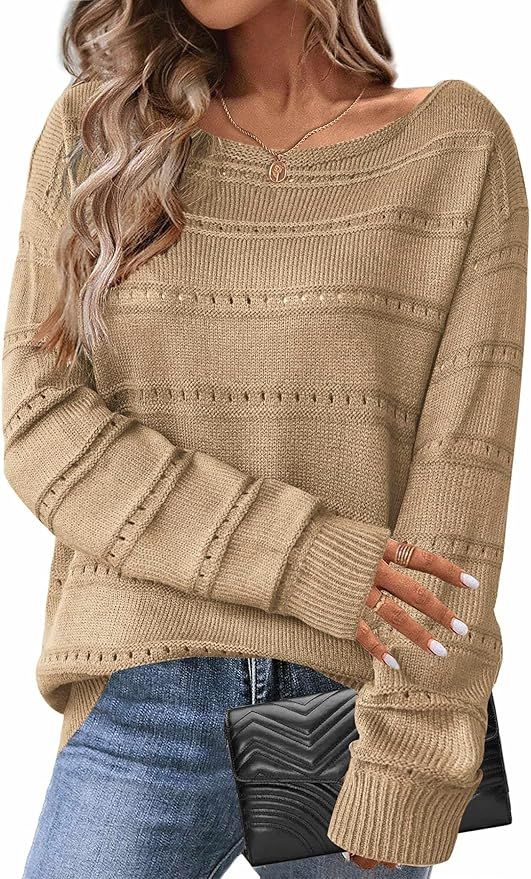 Zeagoo Womens Sweaters Cute Long Sleeve Off The Shoulder Pullover Tops Hollow Out Crochet Dressy ... | Amazon (US)