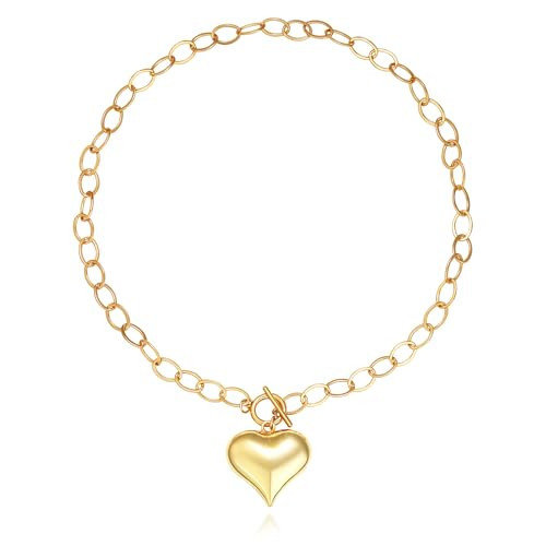 BONJOULRY Chunky Gold Bubble Heart Charm Toggle Necklace for Women, Gold Statement Thick Paperclip Link Chain Puffy Heart Pendant Choker Necklaces for Women Trendy Jewelry 30MM | Amazon (US)
