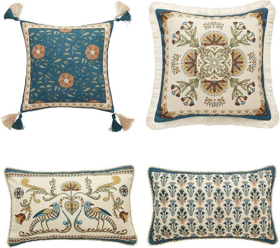 patdrea Designer Throw Pillow Covers Set of 4,French Vintage Blue Linen with Floral Collection Pa... | Amazon (US)
