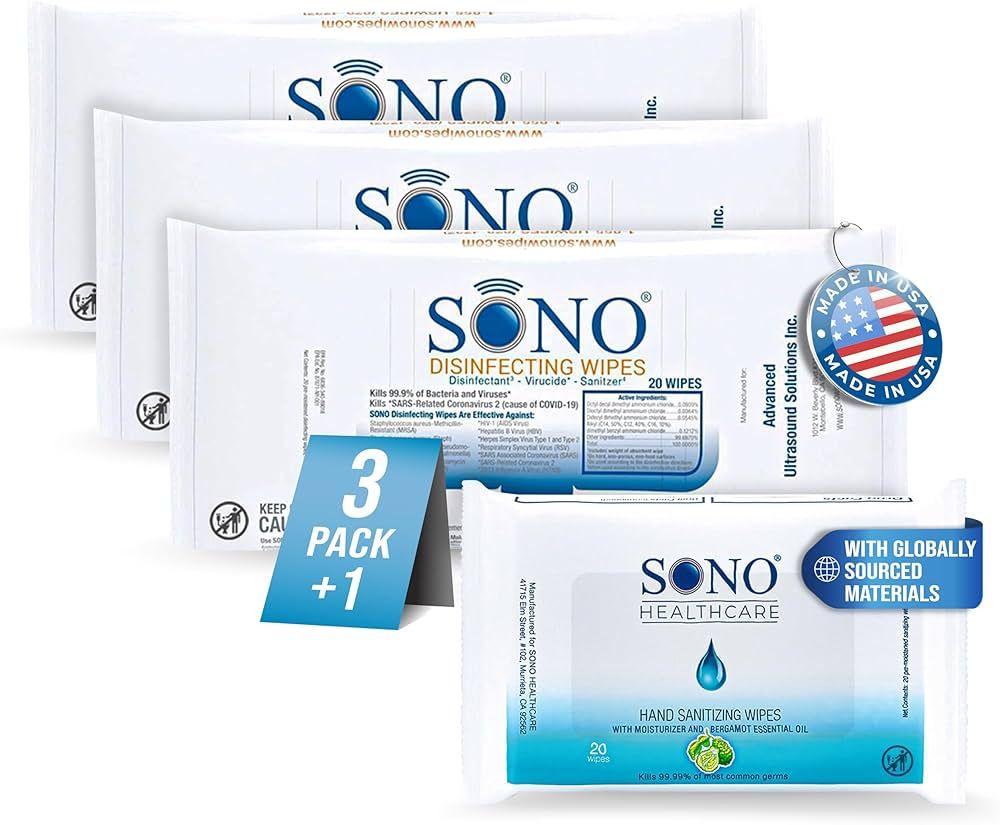 SONO Disinfecting Wipes - 3-Pack Travel Size (20 Count Each) - Medical-Grade, Alcohol-Free, No Bl... | Amazon (US)