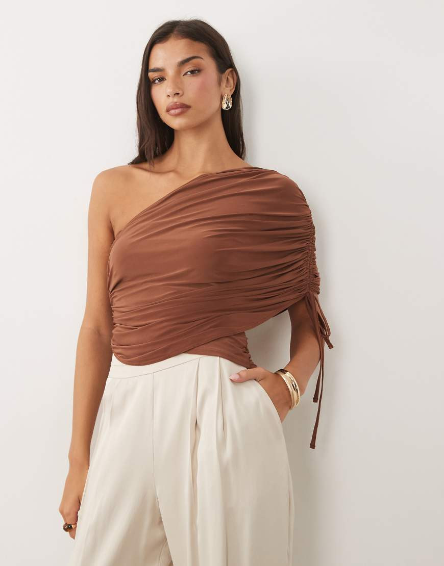 ASOS DESIGN slinky draped asymmetric top with ruching details in brown | ASOS (Global)