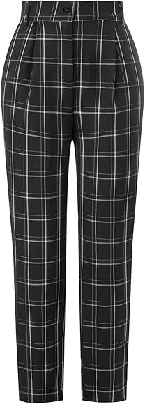GRACE KARIN Women's Casual Work Pants with Pockets Elastic Waist Plaid Pants | Amazon (US)