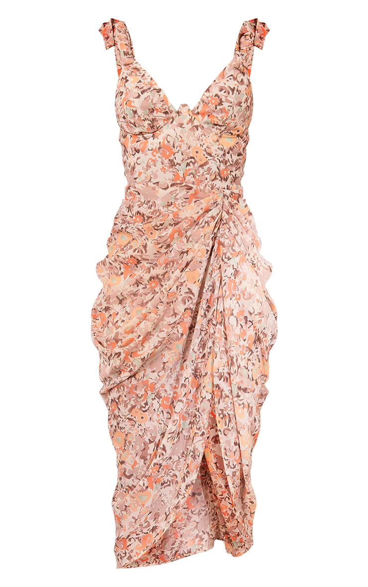 Peach Floral Print Underwire Detail Draped Midi Dress | PrettyLittleThing US