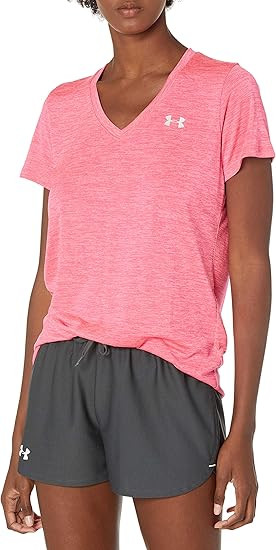 Under Armour Women's Tech V-Neck Twist Short-Sleeve T-Shirt , Cerise (655)/Metallic Silver, Large | Amazon (US)