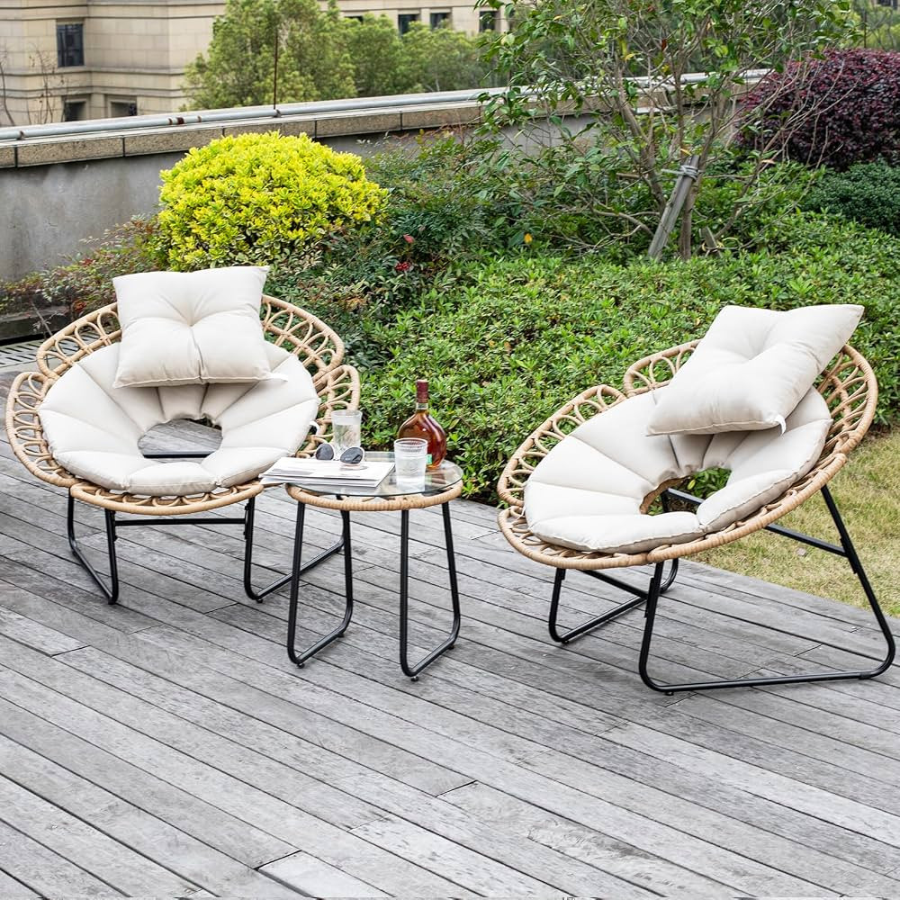NALONE 3 Pieces Bistro Set Wicker Patio Conversation Set, All-Weather Acapulco Chairs with Temper... | Amazon (US)