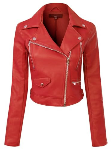 Design by Olivia Women's Moto Biker Faux Leather Jacket Long Sleeve Zip Closure Red M | Amazon (US)