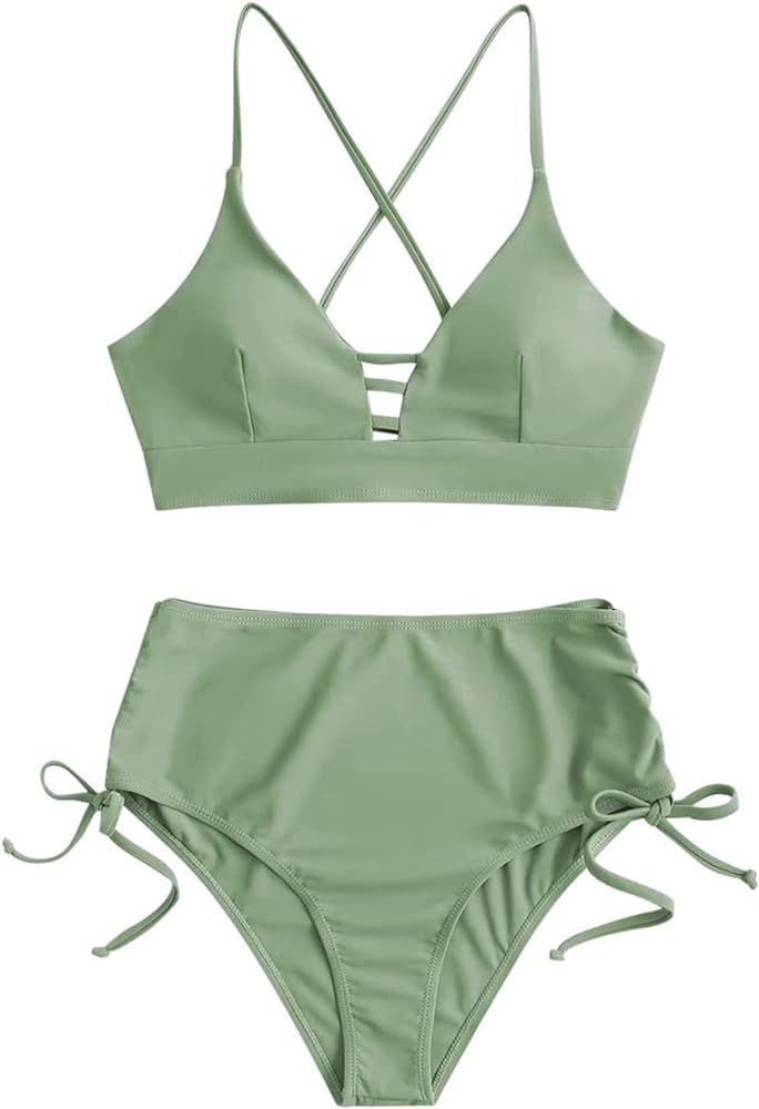 ZAFUL Women High Waisted Bikini Set Two Piece Tummy Control Wrap Swimsuit Lace Up Bathing Suit | Amazon (US)
