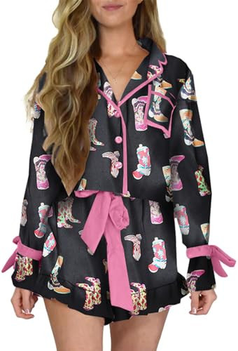 Yiulangde Women Valentine's Day Silk Pajamas 2 Piece Cowboy Boot Pjs Satin Bow Tie Long Sleeve Button Down Pajama Lounge Ruffle Shorts Set | Amazon (US)