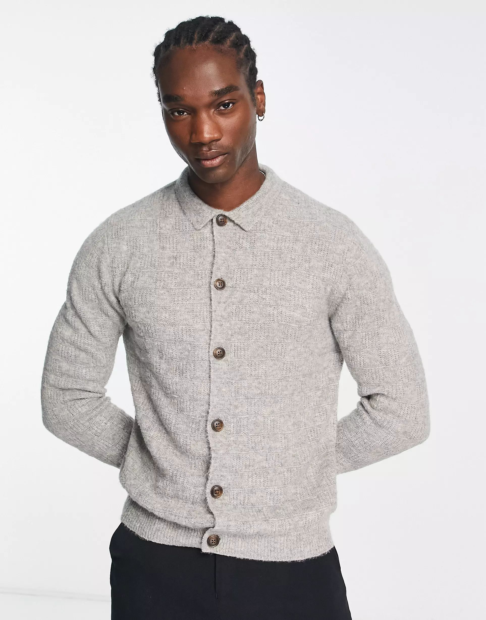 ASOS DESIGN knitted basket stitch button up polo in gray | ASOS (Global)