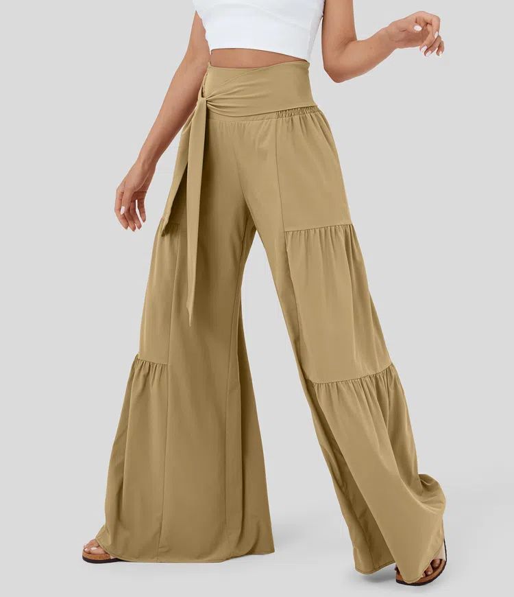 Breezeful™ High Waisted Shirred Tie Front & Back Plicated Wide Leg Flowy Quick Dry Casual Pants | HALARA